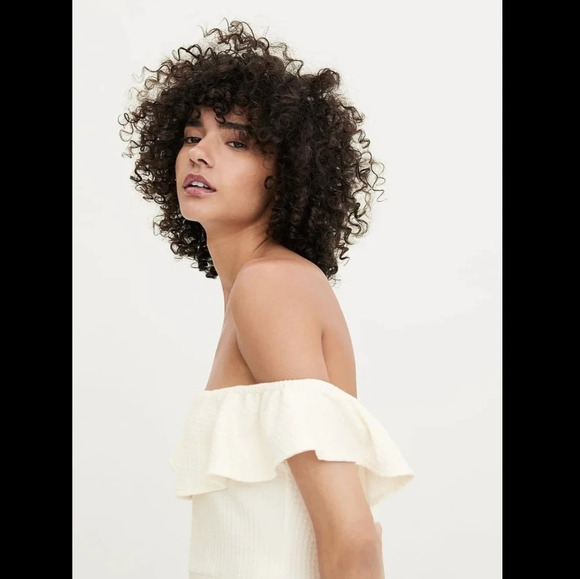 ZARA Textured Weave Sheath Midi Dress Ruffle Off The Shoulder Bridal Wedding M - Picture 4 of 10